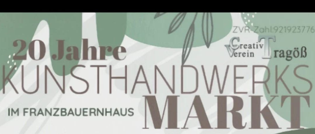 Ein Werbebild für den Handwerksmarkt 2023, mit grünen Blättern und den Worten 'Jahre' und 'Mark' in einer stilisierten Schrift.