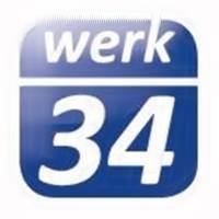 Blaues quadratisches Logo mit dem Text 'werk 34' in weißer Schrift oben und '34' in großer weißer Schrift darunter.