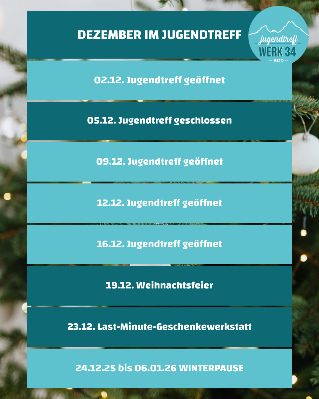 Ein Grafik zeigt einen Zeitplan für Jugendtreff mit Daten und Status, vor einem Weihnachtsbaumhintergrund dargestellt. Die Daten umfassen 02.12, 05.12, 09.12, 12.12, 16.12, 19.12 und 23.12, wobei sich die Status zwischen 'geöffnet' und 'geschlossen' abwechseln. Ein Bild von 'Jugendtreff 34' ist oben rechts.