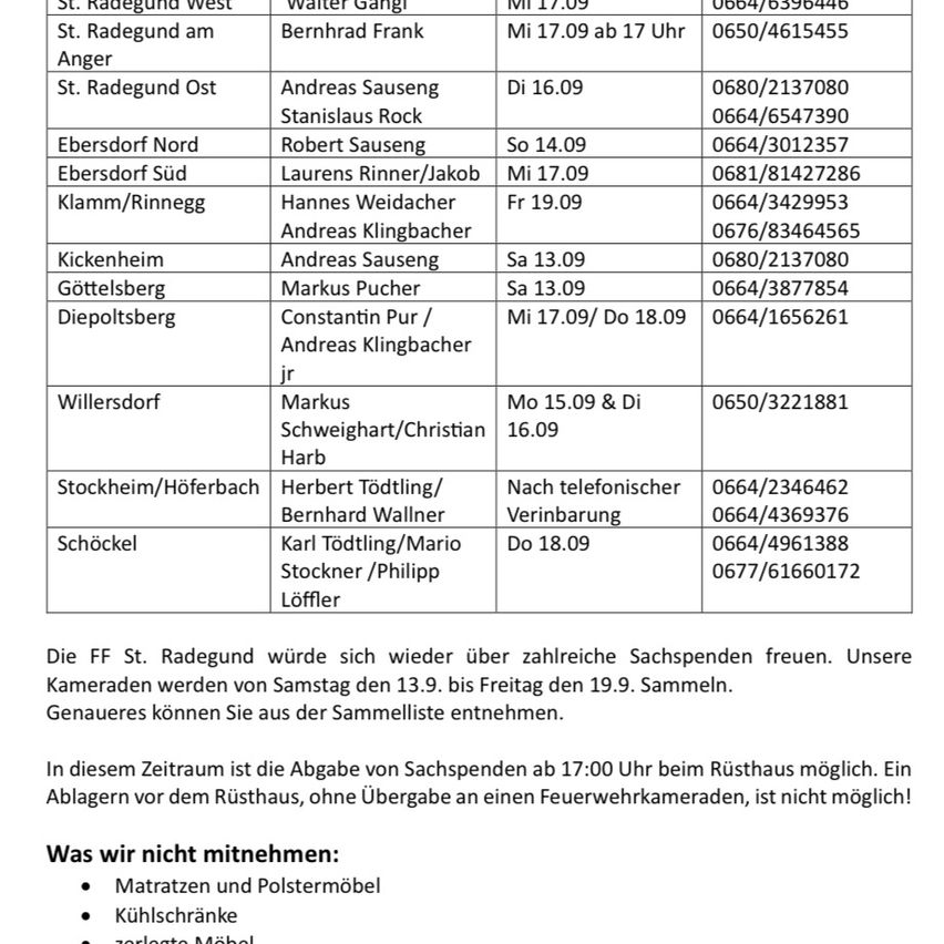 Die FF St. Radegund würde sich wieder über zahlreiche Sachspenden freuen. Unsere Kameraden werden von Samstag den 13.9. bis Freitag den 19.9. Sammeln. Genaueres können Sie aus der Sammelliste entnehmen.