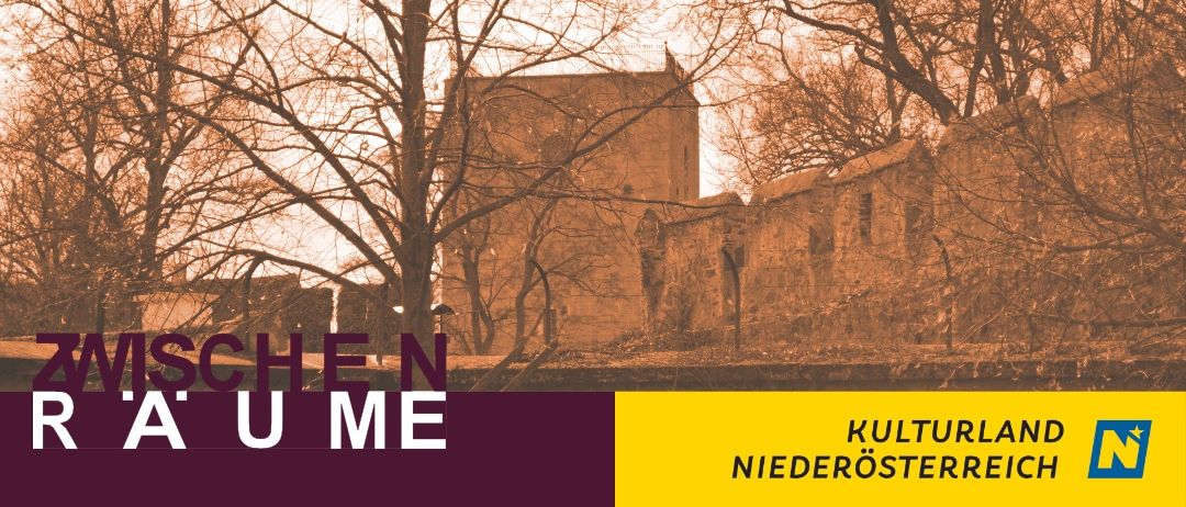 Ein Bild von alten Burgruinen mit Bäumen im Vordergrund, in Sepia-Ton. Der Text 'SCHEN U ME' ist prominent angezeigt. Darunter ist 'KULTURLAND NIEDERÖSTERRE' zu sehen.