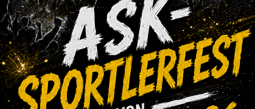Plakat für die ASK Sportlerfest Veranstaltung am 14.-15.8.2026. Im Hintergrund jubelt eine Menge.