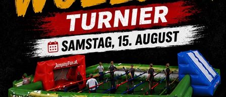 Poster for a giant inflatable soccer game event called Riesen Wuzzler Turner on August 15th, featuring a group of people playing soccer in an inflatable arena.