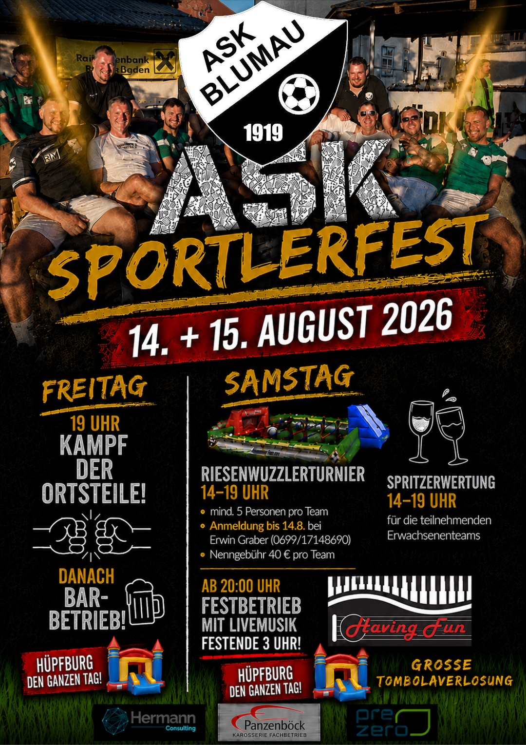 Plakat für ASK Sportlerfest-Event am 14. und 15. August 2026. Beinhaltet ein riesiges Labyrinth, eine Bar und Live-Musik. Anmelde- und Preisdetails sind angegeben.