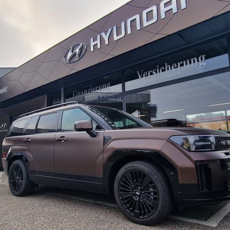 Ein brauner Hyundai SUV steht vor einem Hyundai-Händler mit der Aufschrift 'Versicherung' auf der Scheibe.