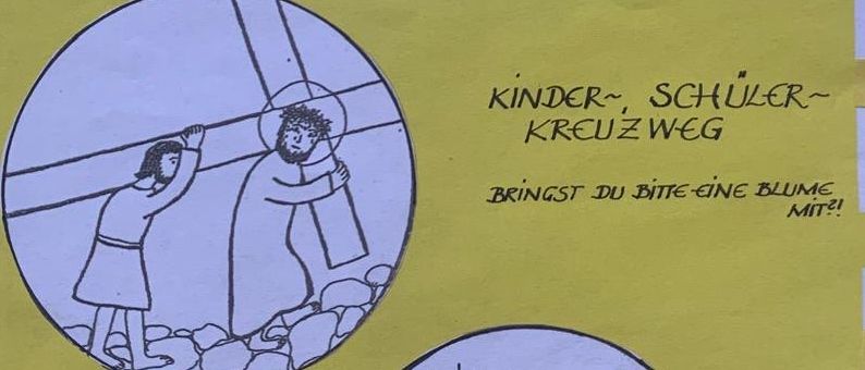 Ein gelber Flyer zeigt Illustrationen und Texte über Palmsonntag, Gründonnerstag und Ostersonntag mit Details zu Gottesdiensten und Ostereiersuchen.