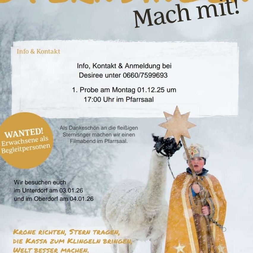 Plakat für eine Veranstaltung mit einem Jungen, der als Sternensucher verkleidet ist und ein schneebedecktes Alpaka führt. Kontaktinformationen und Anmeldedetails werden bereitgestellt. Im Hintergrund wird eine Filmcrew eine Szene filmen.