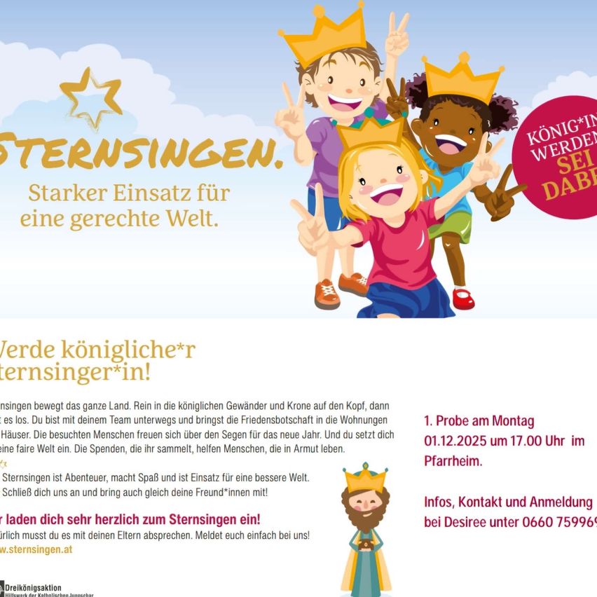 Ein Werbeplakat für Sternsingen, eine Wohltätigkeitsveranstaltung, zeigt Kinder in Kronen mit einem Aufruf zum Handeln. Es ermutigt zu stärkeren Bemühungen für eine gerechte Welt. Ein Datum und Ort für eine Veranstaltung werden angegeben.