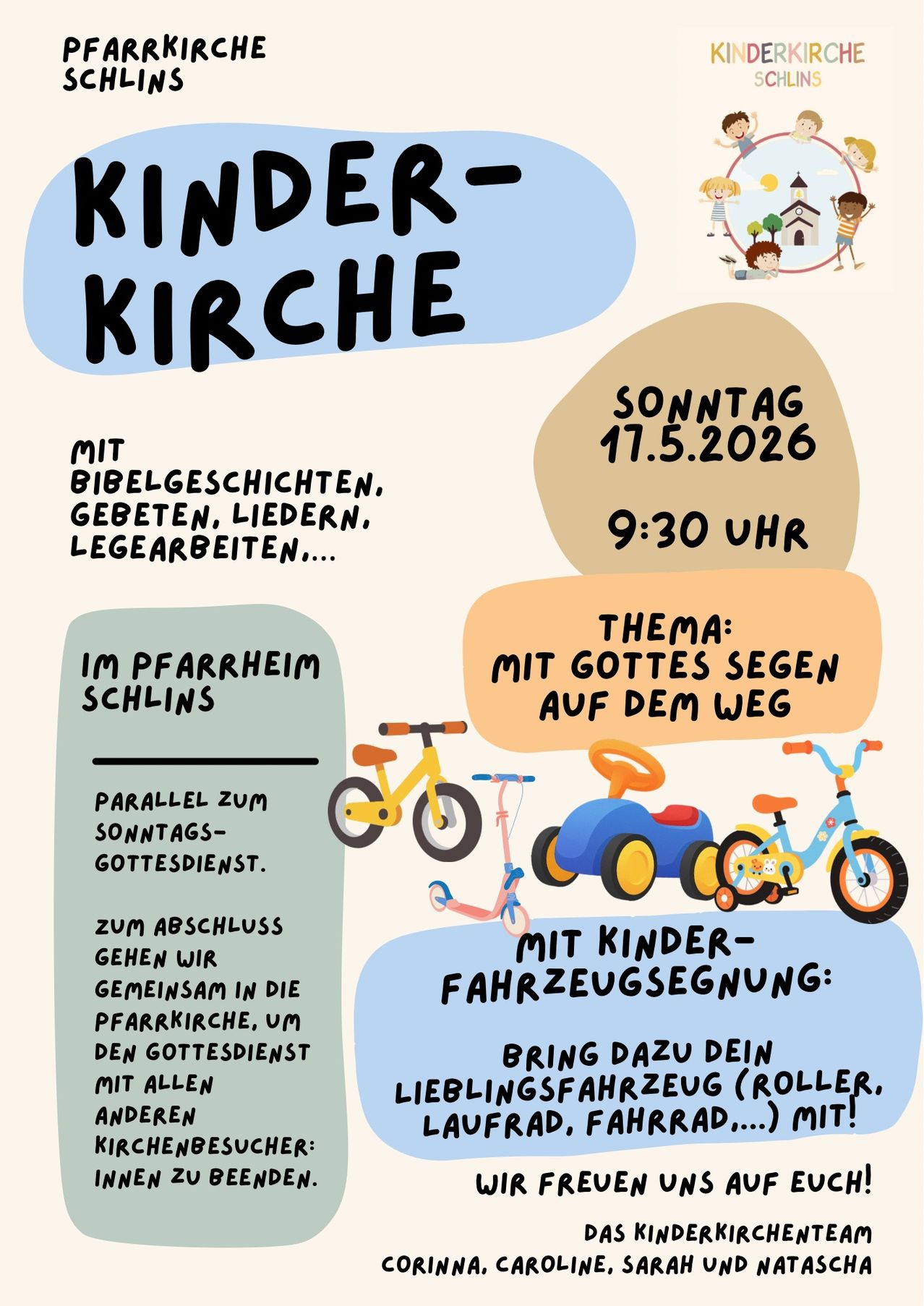Children's church on Sunday, May 17, 2026, at 9:30 AM. Theme: 'With God's Blessing on the Road'. Bring your favorite vehicle (bike, scooter, etc.) and join the service in the church.