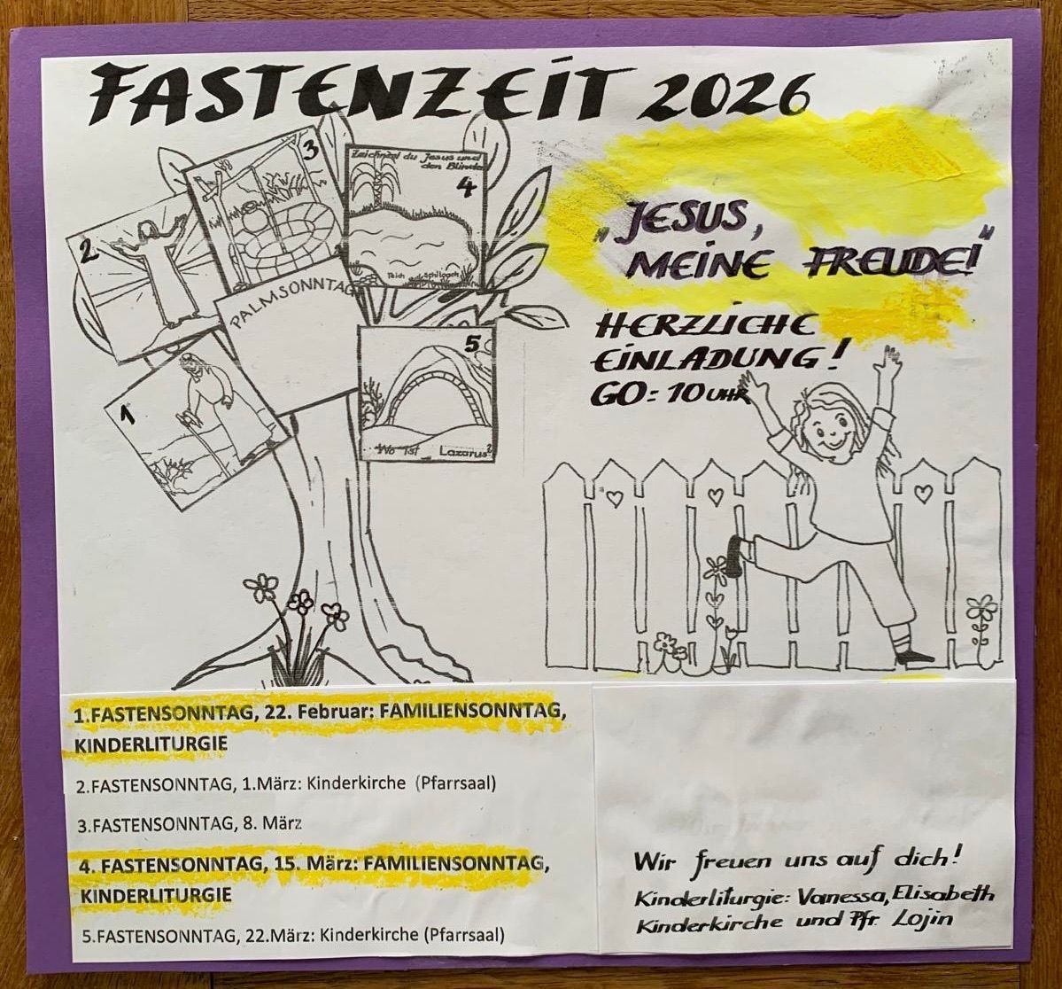 Plakat für die Fastenzeit 2026 mit Illustrationen und Text auf Deutsch. Es lädt Kinder zu Familiensonntagen und Kindergottesdiensten an verschiedenen Terminen im März ein.