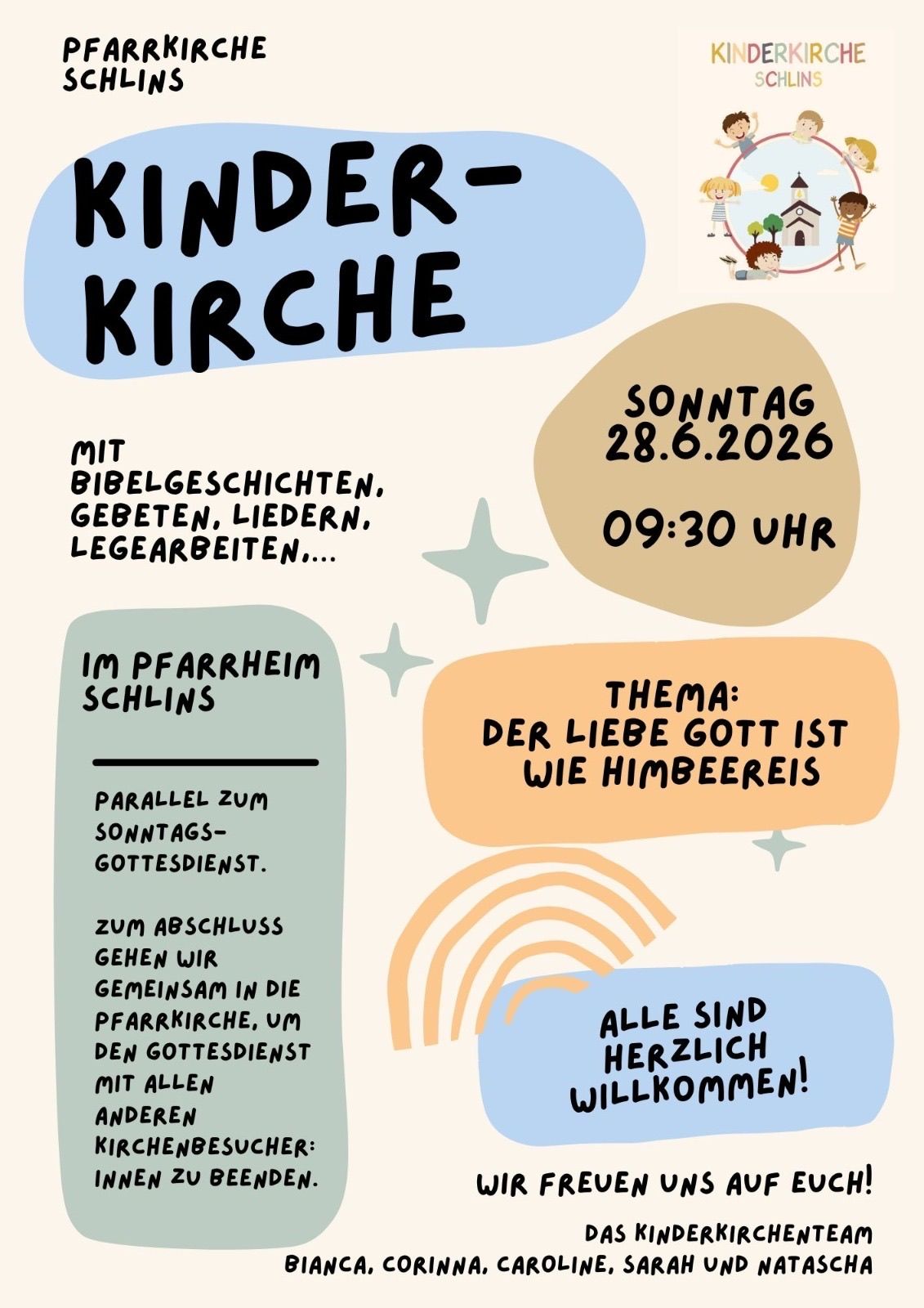 Ein Plakat für das Kinder Kirche-Event. Es beinhaltet Bibelgeschichten, Gebete, Lieder und Bastelarbeiten. Datum ist Sonntag, 28. Juni 2026, um 09:30 Uhr. Thema: Die Liebe Gottes ist wie ein Honigwaben.