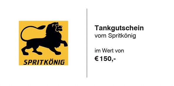 Ein gelbes Schild mit Löwenlogo und dem Text 'Spritkönig'. Darunter steht 'Tankgutschein vom Spritkönig im Wert von €150,-'.