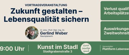 Ein Werbeplakat für eine Stadtkunstveranstaltung von Gerlind Weber, einer ordentlichen Universitätsprofessorin. Der Text betont Formgebung und Qualitätssicherung. Die Veranstaltung findet in der Stadtgrabenstraße 3 statt.