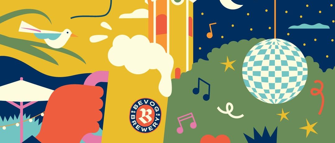 Ein Poster bewirbt das Bevo Bier Fest mit zwei Händen, die Biergläser mit Schaum halten, einer Discokugel, Musiknoten, einem Herz und einer Kerze. Die Veranstaltung findet am 3. und 4. Oktober 2025 statt.