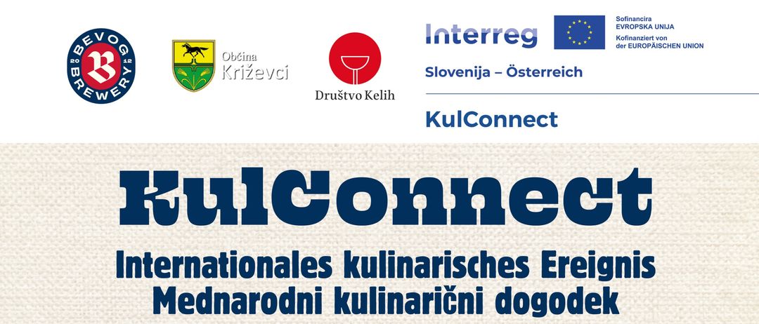 Plakat für die KulConnect-Veranstaltung. Es zeigt eine Zusammenkunft von Menschen, die mit Wildpflanzen kochen. Datum ist der 3. Oktober 2025, von 12:00 bis 19:00 im Brauhaus BEVOG Bad Radkersburg. Aktivitäten umfassen das Sammeln von Wildpflanzen entlang der Mur, das Kochen mit Wildpflanzen und Fleisch und Bier- und Weinverkostungen.