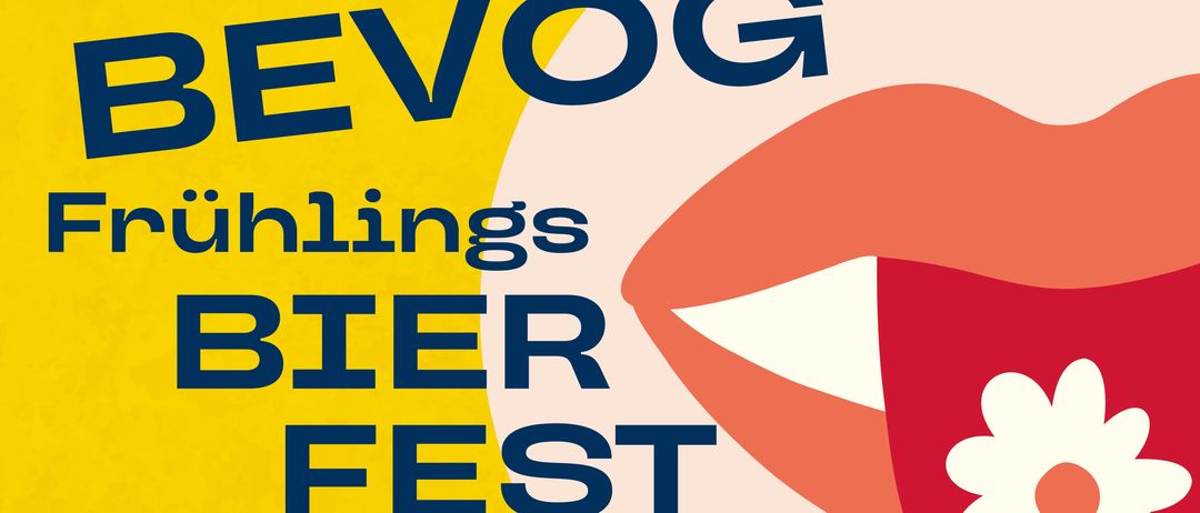 Plakat für das Frühjahrs-Bierfest am 21. März 2026 um 11:00 Uhr. Mit Craft-Bier, Burgern und DJ-Musik. Illustration eines Mundes mit Bierglas und Blume.