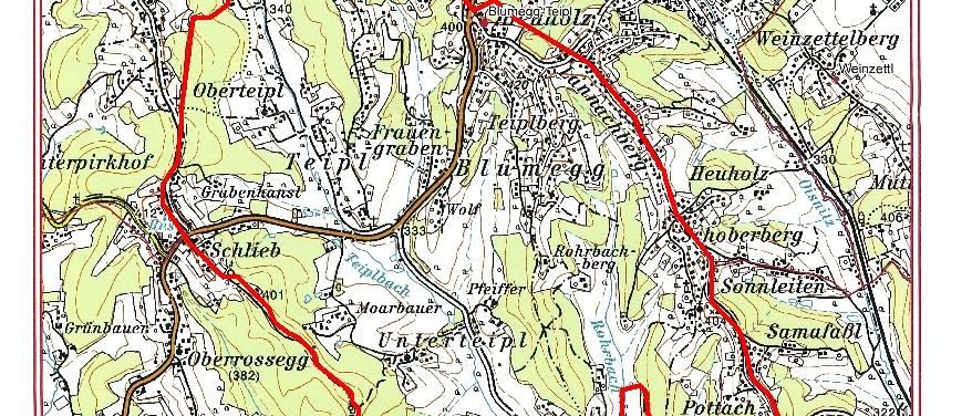 Eine Karte mit einer roten Linie, die einen Wanderweg markiert. Der Weg beginnt in Breitenbach und endet in Wolfgraben. Verschiedene Orte, Höhen und Landmarken sind gekennzeichnet.