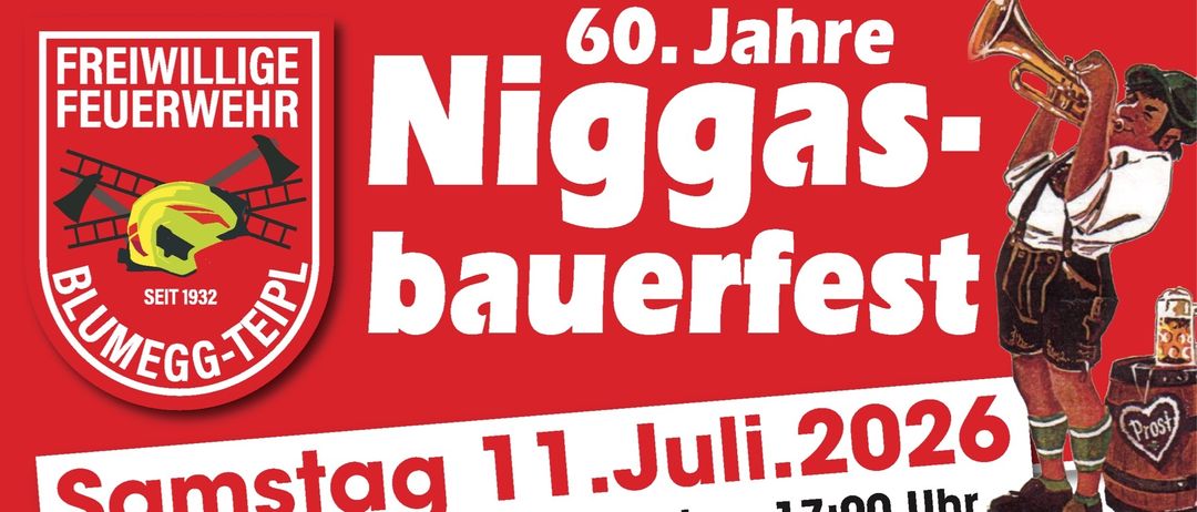 Plakat für ein bayerisches Fest mit drei Männern in traditioneller Kleidung, einer mit einer Gitarre, einem anderen mit einem Akkordeon und der dritte lächelt. Die Veranstaltung ist für Samstag, den 1. Juli 2026, um 17:00 Uhr geplant.