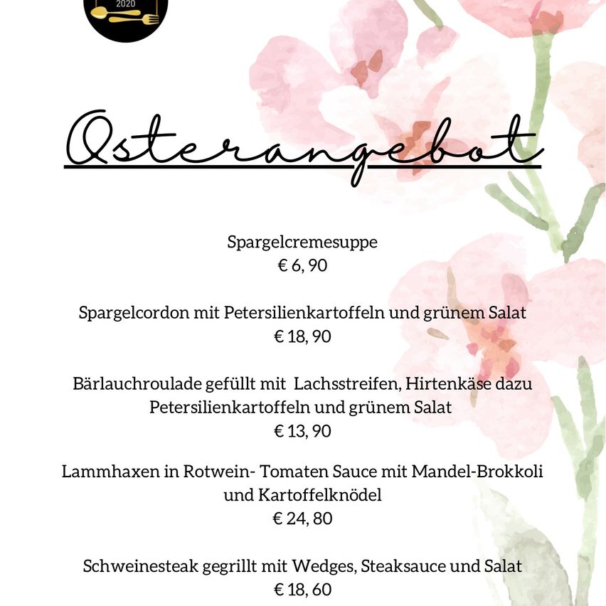 Menükarte mit einem Blumendesign, das verschiedene Gerichte wie Spargelcremesuppe, Spargelcordon mit Petersilienkartoffeln, Lammhaxen und gegrilltes Schweinesteak zeigt.