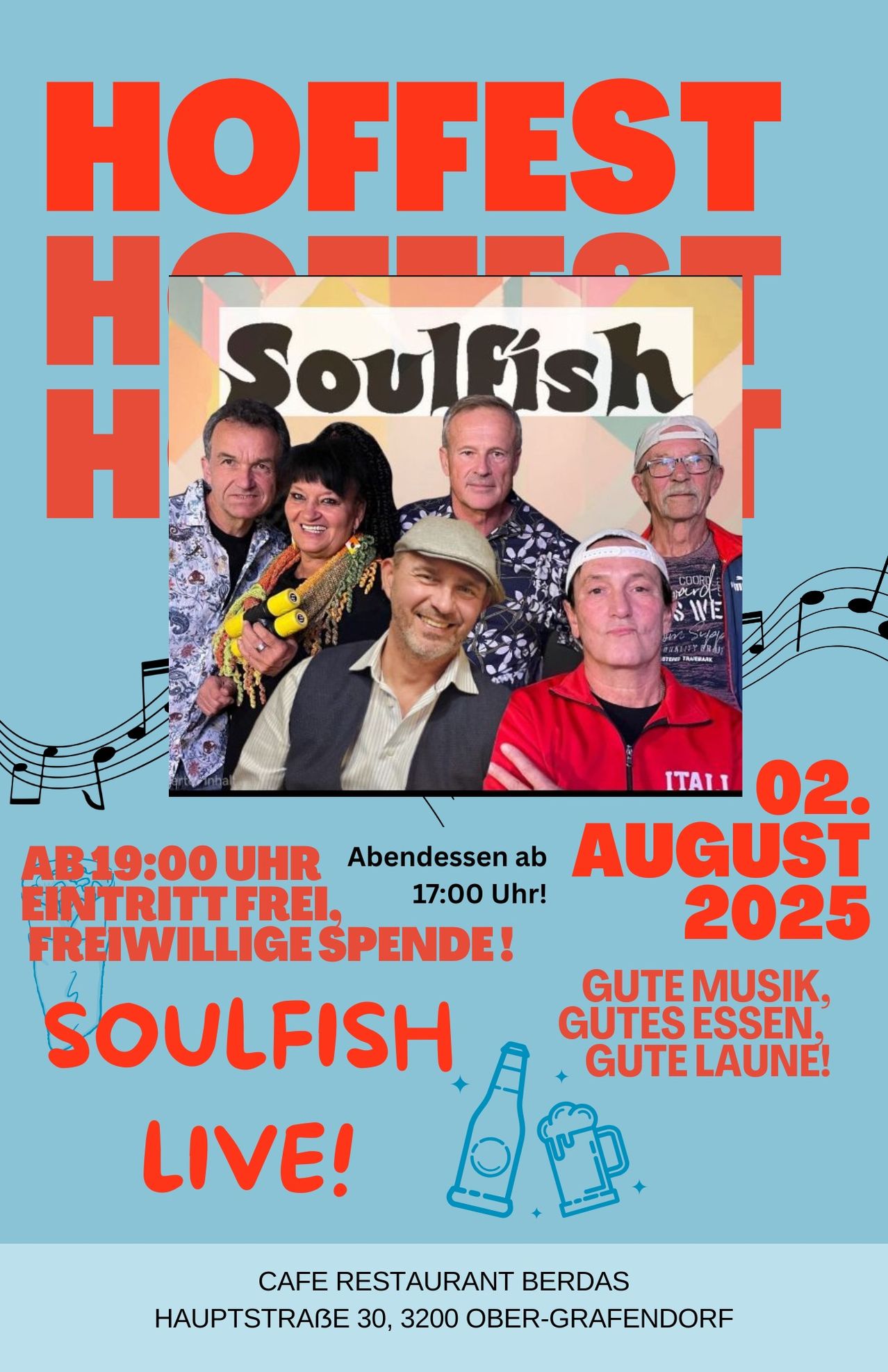 Ein Veranstaltungsplakat für die Band Soulfish am 2. August 2025. Das Plakat zeigt die Bandmitglieder und Musiknoten mit einer Einladung für einen kostenlosen Abend ab 17 Uhr.