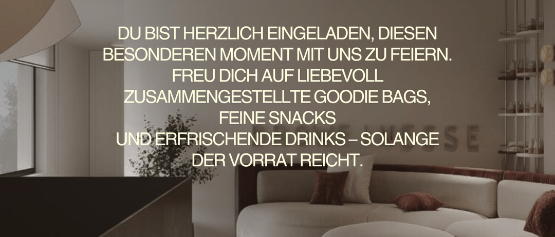 A poster announces a new opening on November 15, 2025. It invites guests to celebrate the special moment with them, offering goodie bags, snacks, and drinks while supplies last. Registration is required by direct message with name and surname.