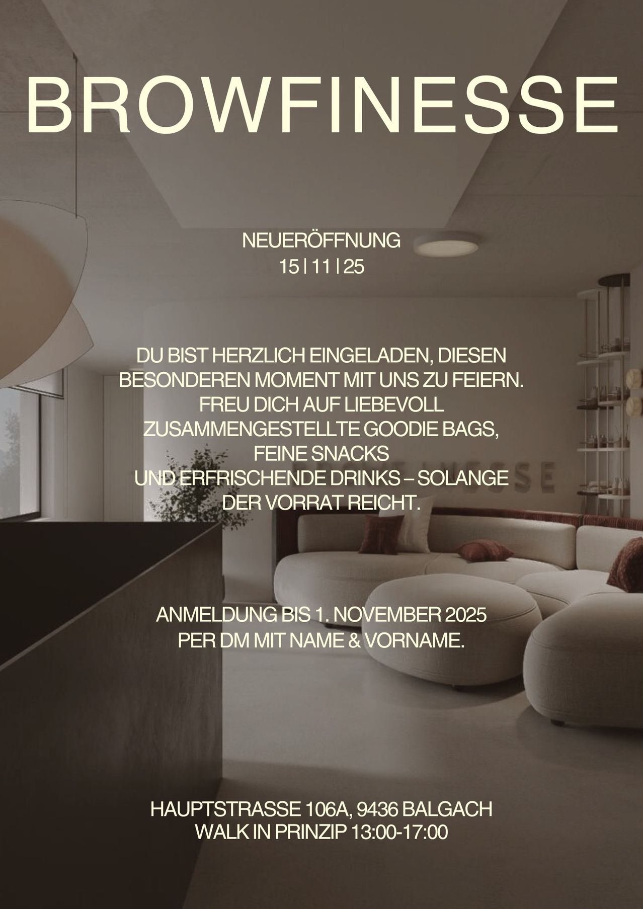 An announcement for a new opening event on November 15, 2025. The image features a modern interior with a white couch, pillows, and shelves with items. The announcement includes goodie bags, snacks, and drinks.