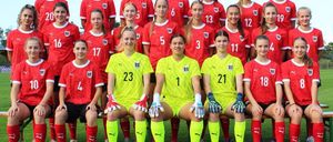 Eine Fußballmannschaft in roten und gelben Trikots posiert für ein Gruppenfoto auf einem grünen Feld. Die Spieler tragen Handschuhe und Turnschuhe.