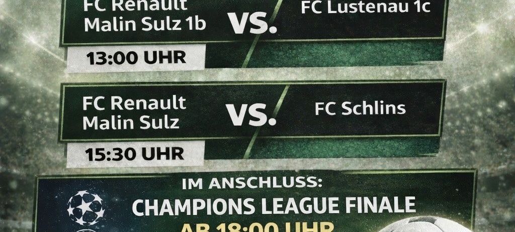 Plakat für den 23. Spieltag am 30. Mai 2026. Zwei Fußballspiele geplant, gefolgt vom Finale der Champions League.