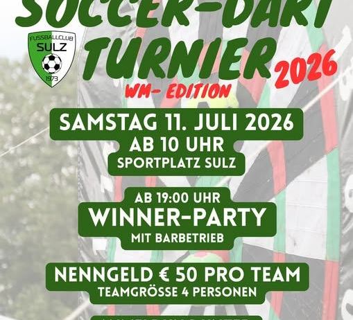 FC Renault Malin Sulz Fußball-Dart-Turnier 2026. Samstag, 11. Juli 2026. Ab 10 Uhr. Teilnahmegebühr 50 Euro pro Team. Teamgröße 4 Personen. Anmeldeschluss 4. Juli 2026.