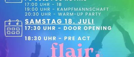 Poster for Open Air 2020 event. FC Renault Malin Sulz presents. Date: July 17 and 18. Times and acts listed.