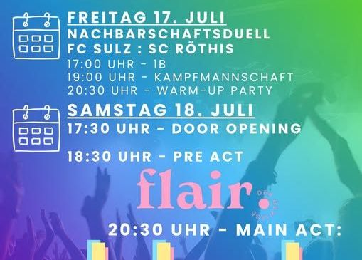 Poster for Open Air 2020 event. FC Renault Malin Sulz presents. Date: July 17 and 18. Times and acts listed.