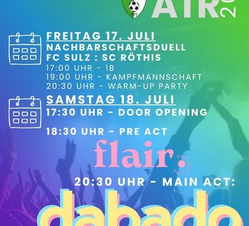 Plakat für Open Air 2020 Veranstaltung. FC Renault Malin Sulz präsentiert. Datum: 17. und 18. Juli. Zeiten und Acts aufgeführt.