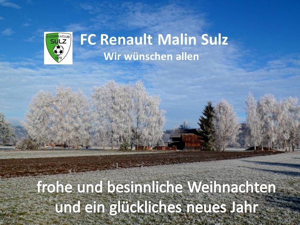 Ein Bild zeigt eine winterliche Landschaft mit Bäumen, die von Frost bedeckt sind. Oben befindet sich das Logo des FC Renault Malin Sulz. Eine Nachricht lautet: 'Wir wünschen allen ein frohes und besinnliches Weihnachtsfest und ein glückliches neues Jahr.'