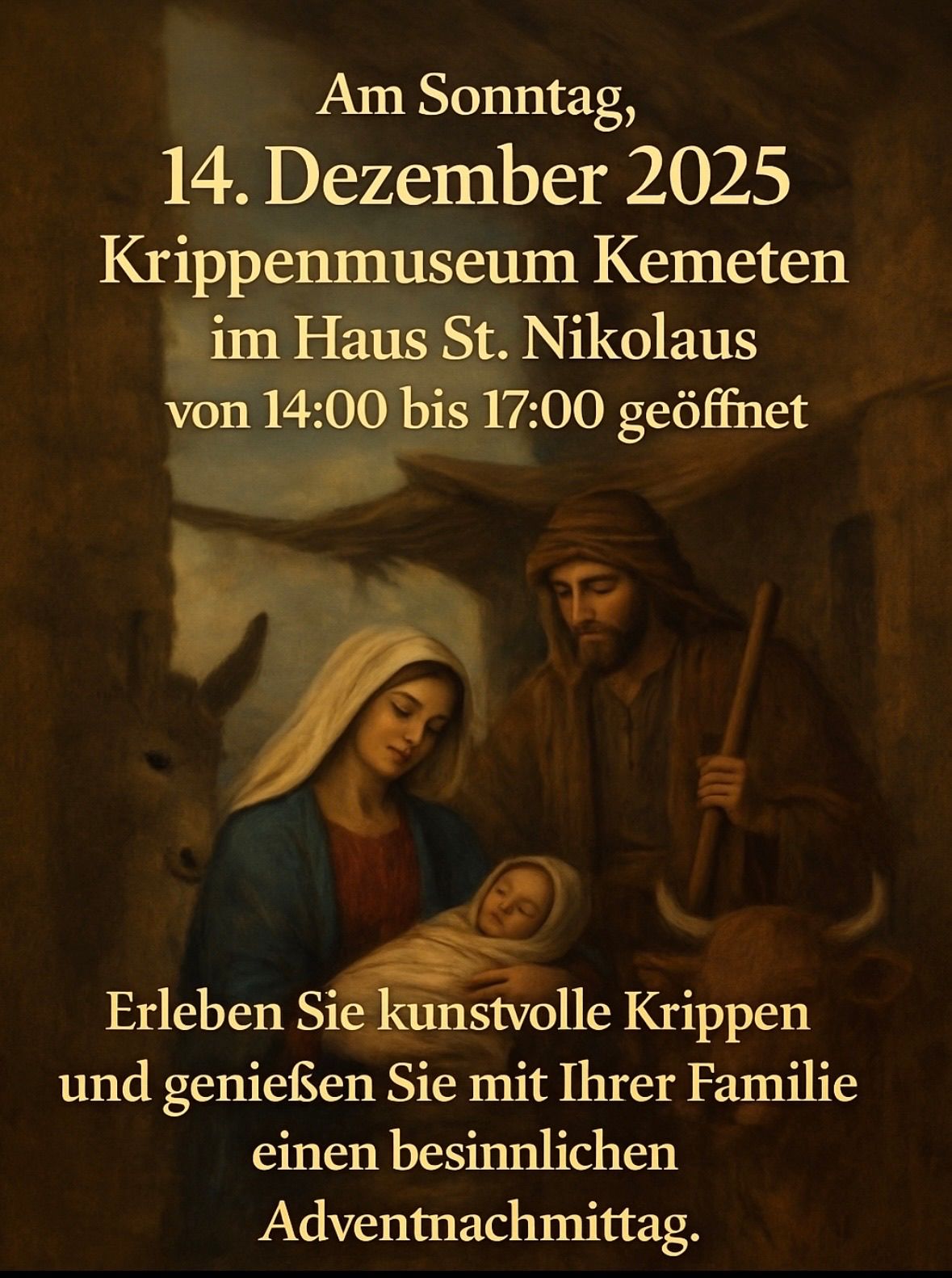 Bild einer religiösen Szene mit einer Familie von drei, Maria, Josef und Baby Jesus, geöffnet von 14 Uhr bis 17 Uhr im Krippenmuseum Kemeten im Haus St. Nikolaus.