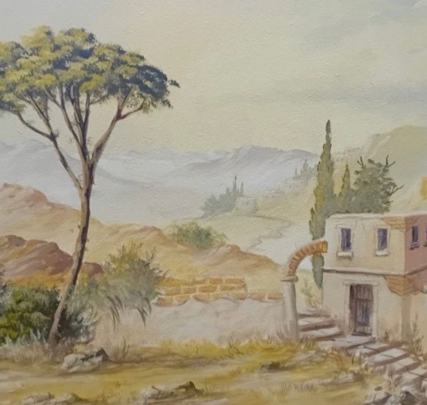 Ein Aquarell zeigt ein rustikales Haus mit einer Ziegelmauer und einem gewölbten Eingang. Ein Baum steht prominent auf der linken Seite, mit Bergen und einem Fluss im Hintergrund.