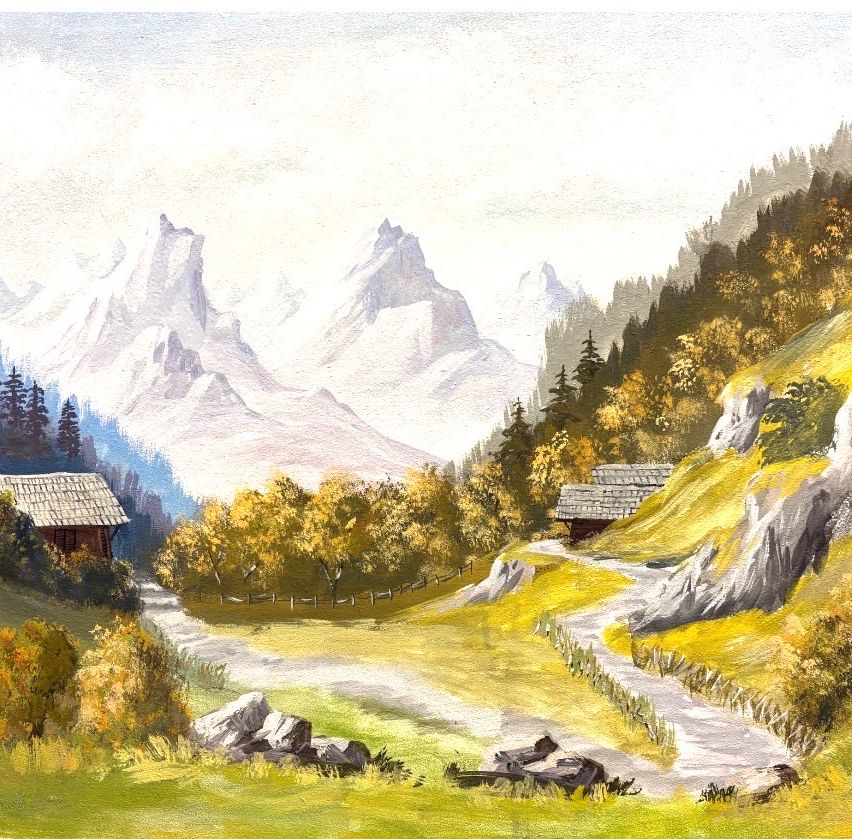 Eine Aquarellmalerei einer bergigen Landschaft mit einem gewundenen Pfad, zwei kleinen Häusern und Bäumen in Herbstfarben.