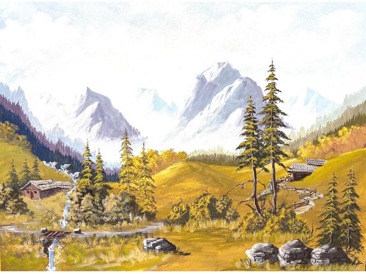 Ein Gemälde einer Gebirgslandschaft mit einem Bach, der durch ein Tal fließt, mit Kiefern, gelbem Gras und einem Holzhaus am Hügel. Die Berge sind schneebedeckt.