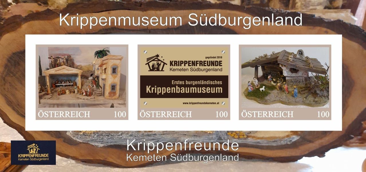 Werbeposter für Krippenmuseum Südburgen mit einer 100-Euro-Banknote. Das Museum wurde 2018 gegründet und befindet sich in Kemeten, Südburgenland.