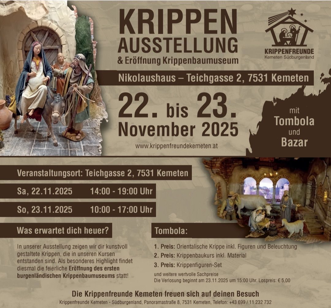 Plakat für die Krippen Ausstellung Veranstaltung im Nikolaushaus in Kemeten. Termine sind 22.-23. November 2025. Tombola und Basar. Öffnungszeiten sind am 22.11. von 14:00-19:00 Uhr und am 23.11. von 10:00-17:00 Uhr.