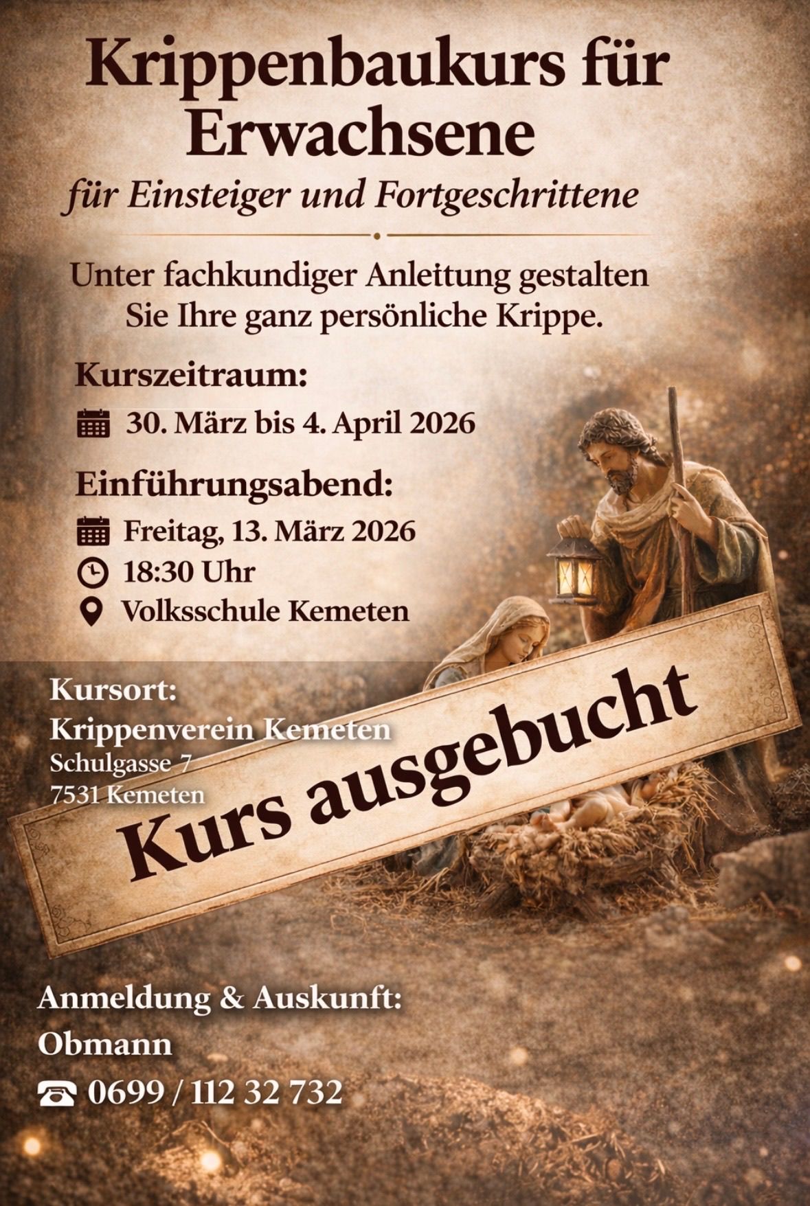 Plakat für einen Krippenkurs. Termine vom 30. März bis 4. April 2026. Einführung am 13. März 2026 um 18:30 in der Volksschule Kemet.