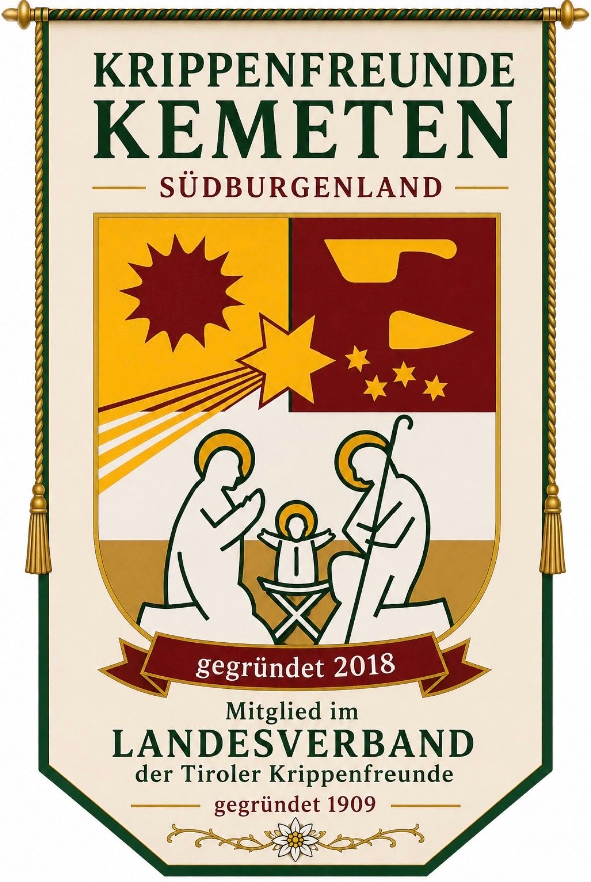 Ein Banner mit dem Text 'Remlingen Sudburgenland' und einem Wappen einer Familie mit einem Baby. Darunter steht 'gegrundet 2018' und 'Mitglied im Landesverband'.