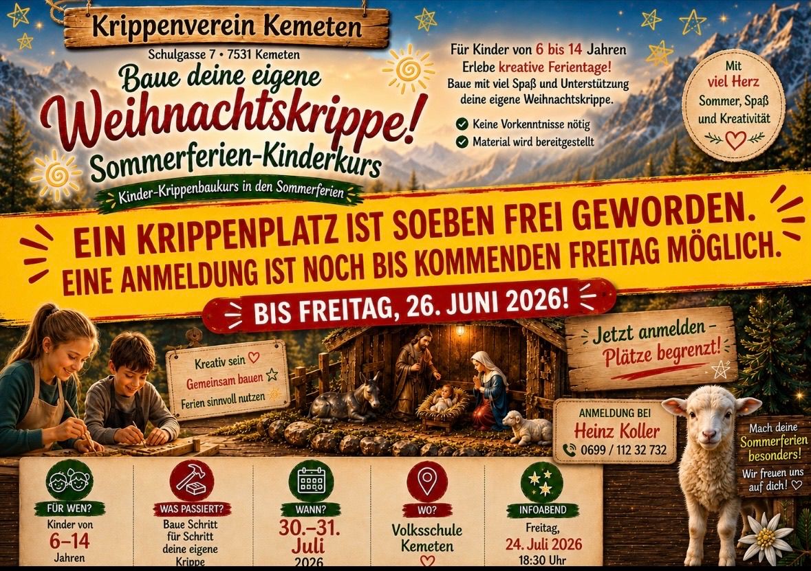 Werbeplakat für ein Ferienlager für Kinder in Kemeten. Es zeigt eine Zeichnung von Jesus, Maria und Josef in einer Krippe mit einem Lamm. Termine und Kontaktdaten sind angegeben.