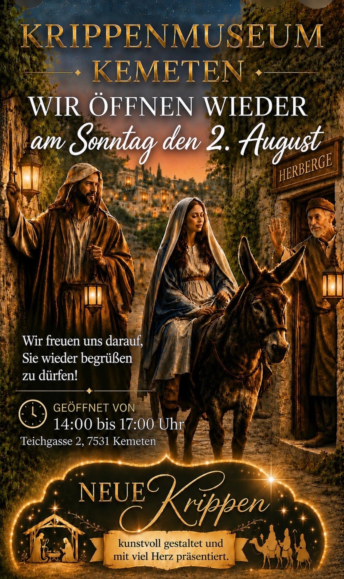 An Sunday, August 2, an old man and woman welcome Jesus and Mary. They are in a village at 2 PM to 5 PM at Teichgasse 2, 7531 Kemeten.