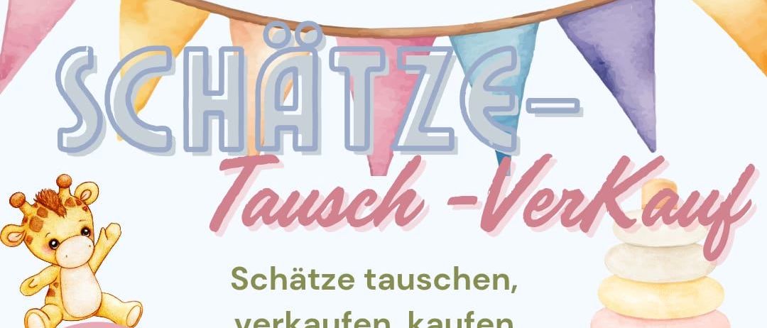 Ein Veranstaltungsplakat für einen Schatztausch und Verkauf am 18. April 2026. Es enthält Angaben zu Zeiten, Ort und Kontaktinformationen für Tischreservierungen. Es zeigt Zeichnungen eines Autos, eines Giraffens und eines Spielzeugs.