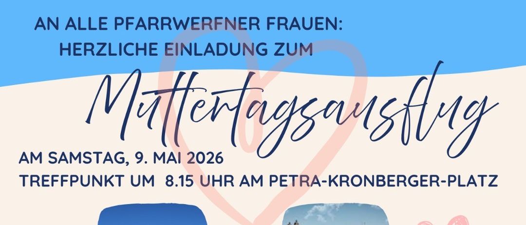 Treffen am Samstag, 9. Mai 2026. Treffpunkt um 8.15 Uhr am Petra-Kronberger-Platz. Besuch der Gegend von Flachau, Sonnenmoos und Maria Plain, mit einem Mittagessen bei Kernei's Mostheurigen. Kosten: 25 Euro für Nichtmitglieder, 20 Euro für Mitglieder. Die Bezahlung erfolgt vor Ort.