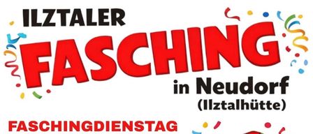Ein Plakat bewirbt ein Faschingsevent in Neudorf mit einem Clown, Aktivitäten beginnen um 14 Uhr. Das Event beinhaltet Spiele, Kindertombolas und Glücksshafen. Ab 18 Uhr gibt es Musik, Sketche und mehr. Das Event endet mit einem gemütlichen Ausklang.