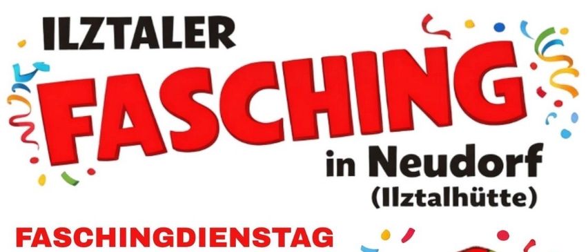 Ein Plakat bewirbt ein Faschingsevent in Neudorf mit einem Clown, Aktivitäten beginnen um 14 Uhr. Das Event beinhaltet Spiele, Kindertombolas und Glücksshafen. Ab 18 Uhr gibt es Musik, Sketche und mehr. Das Event endet mit einem gemütlichen Ausklang.