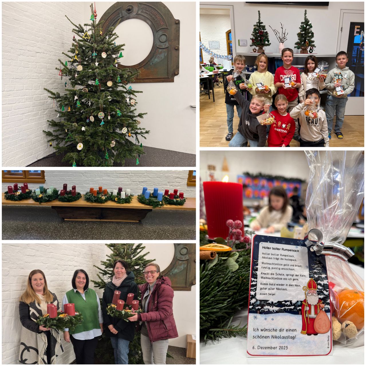 Eine Collage von Bildern zeigt einen geschmückten Weihnachtsbaum, Kinder mit Geschenken, einen Tisch mit Kerzen und Erwachsene, die Kerzenkränzel halten. Eine Karte zeigt ein Gedicht von Sankt Nikolaus.
