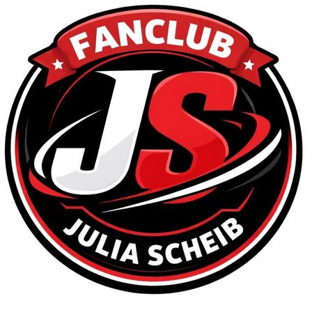 Ein kreisförmiges Fanclub-Logo zeigt die Buchstaben JS in fetter roter und weißer Schrift, mit dem Namen Julia Scheib in kleineren schwarzen Buchstaben darunter. Das Design ist von einem roten Band mit Sternen umrahmt.