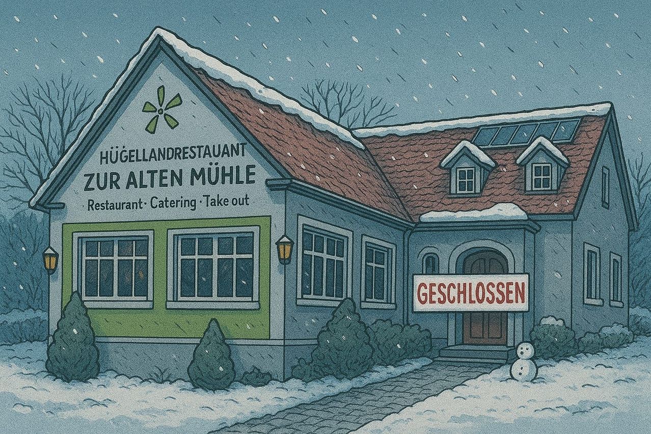 Eine Illustration eines geschlossenen Restaurants mit schneebedecktem Dach, einem Schild mit der Aufschrift 'Geschlossen', verschneiterm Boden und einem Schneemann davor.